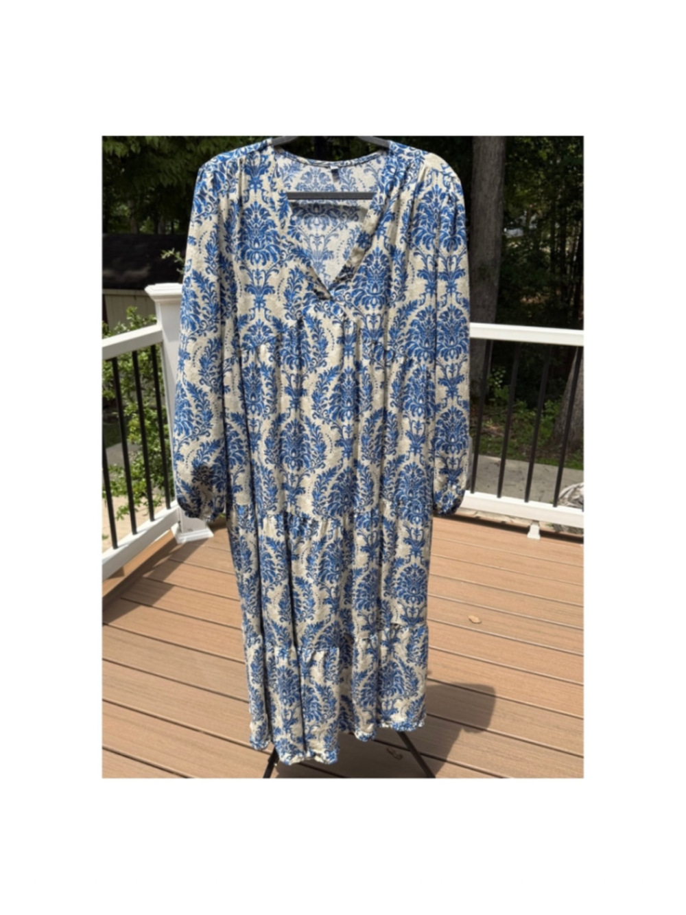 Blue Beige Maxi Dress Damask Print Size 2X EUC